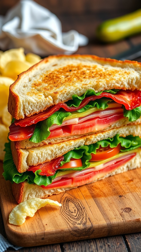 A delicious BLT sandwich with crispy bacon, lettuce, and tomato on toasted bread, served with chips and a pickle.